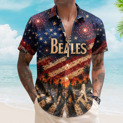 The Beatles Hawaiian Shirt - Unisex Retro American Flag Vintage Patriotic Stars Button Up