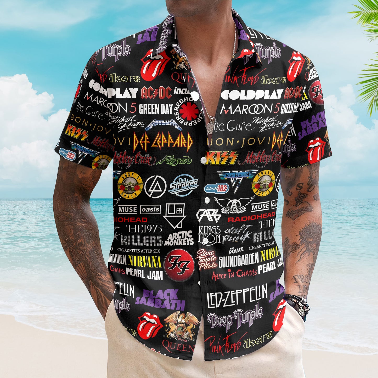 Classic Rock Legends Hawaiian Shirt – Iconic Band Logo Collage Edition