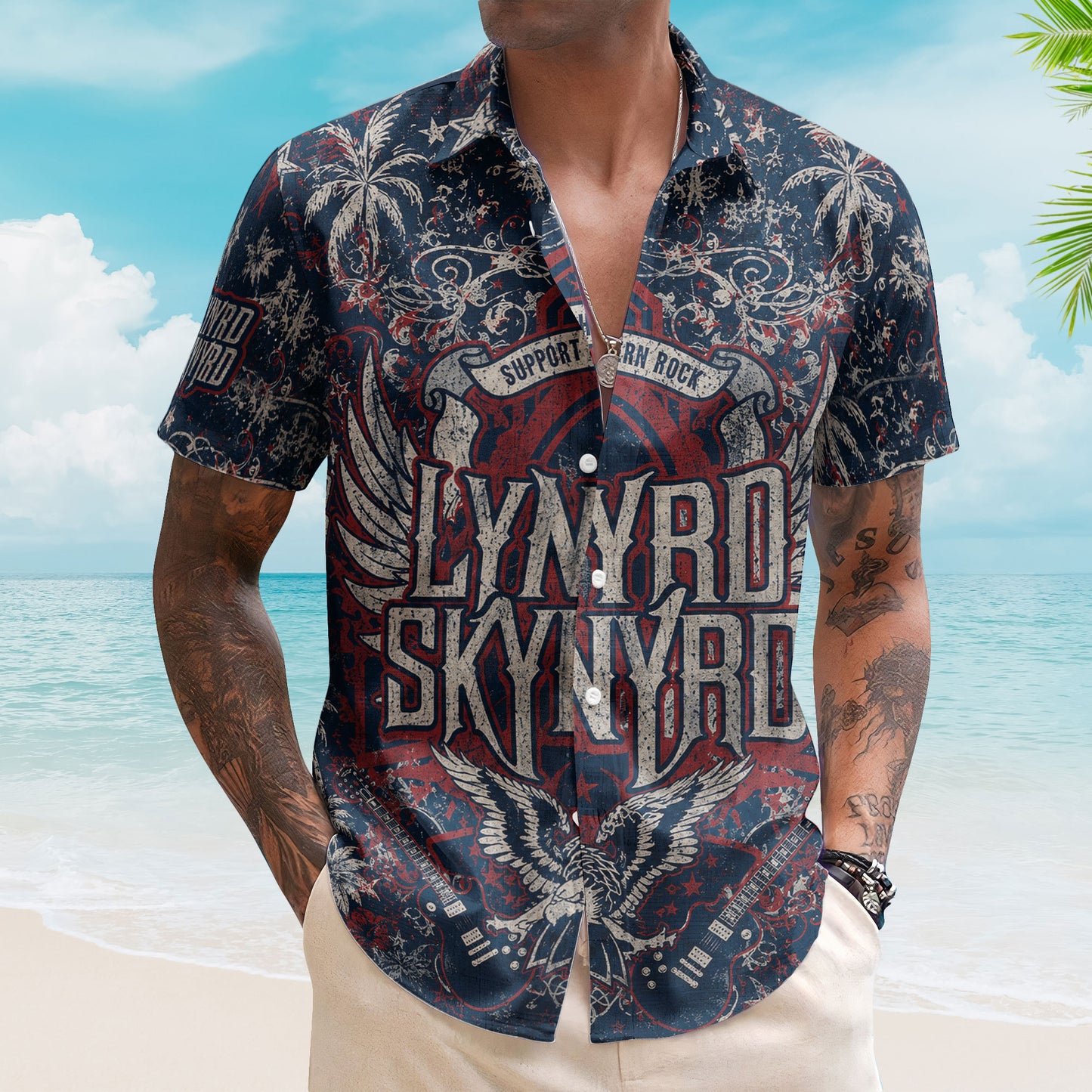 Lynyrd Skynyrd Hawaiian Shirt - Unisex Southern Rock Free Bird Eagle Button Up