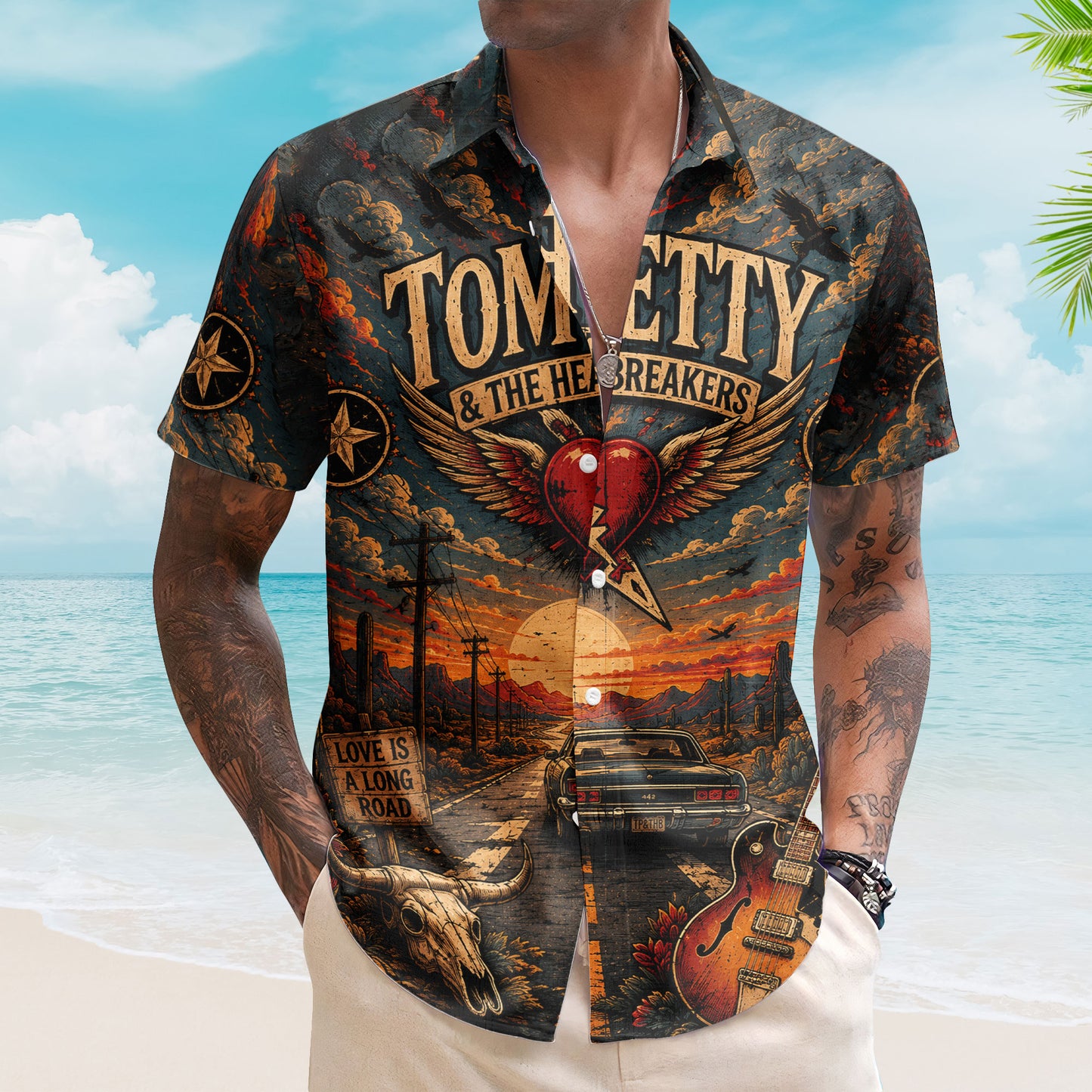 Tom Petty Hawaiian Shirt - Unisex The Heartbreakers Winged Heart Black Button Up