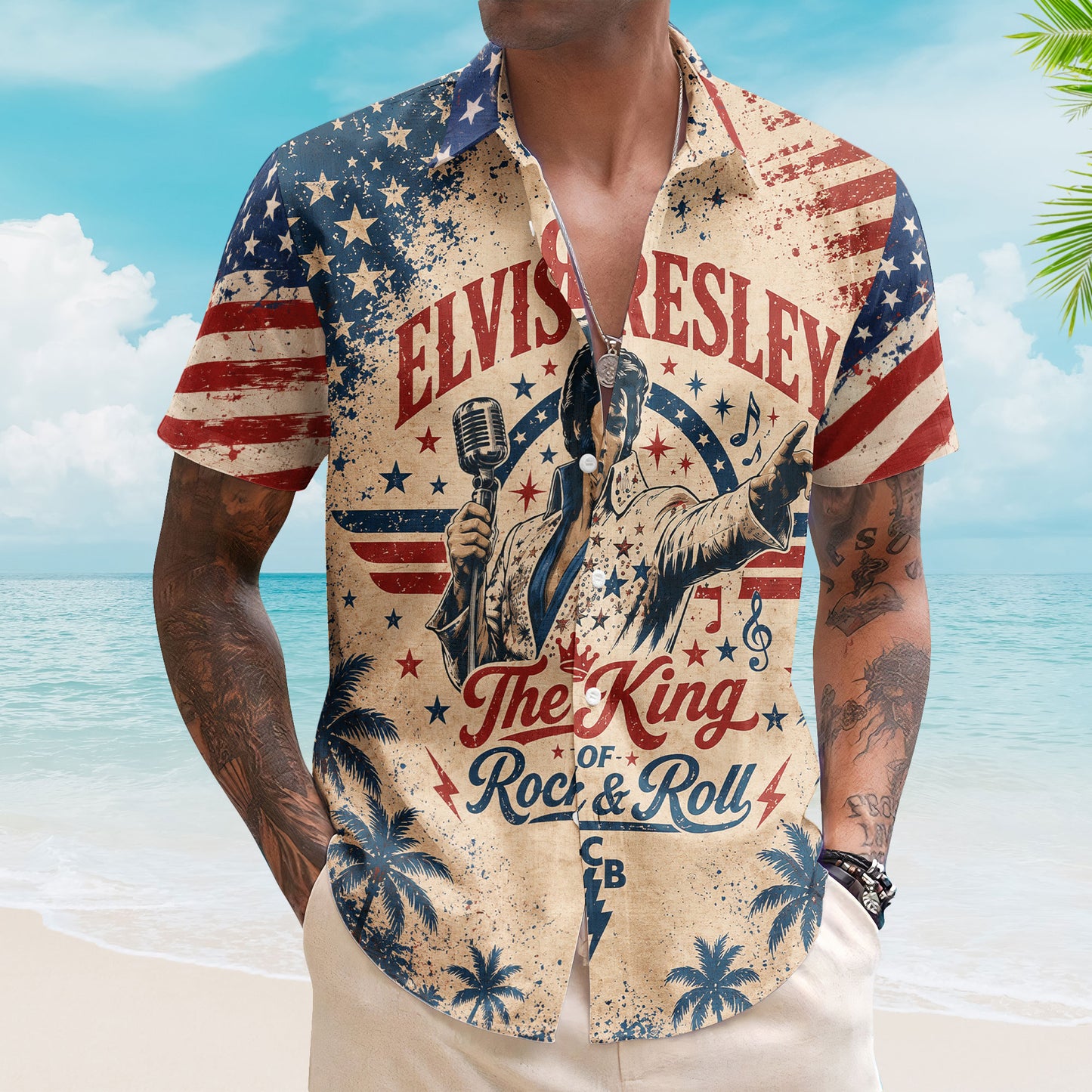 Elvis Presley Hawaiian Shirt - Unisex TCB Lightning Bolt Vintage Patriotic Stars Button Up