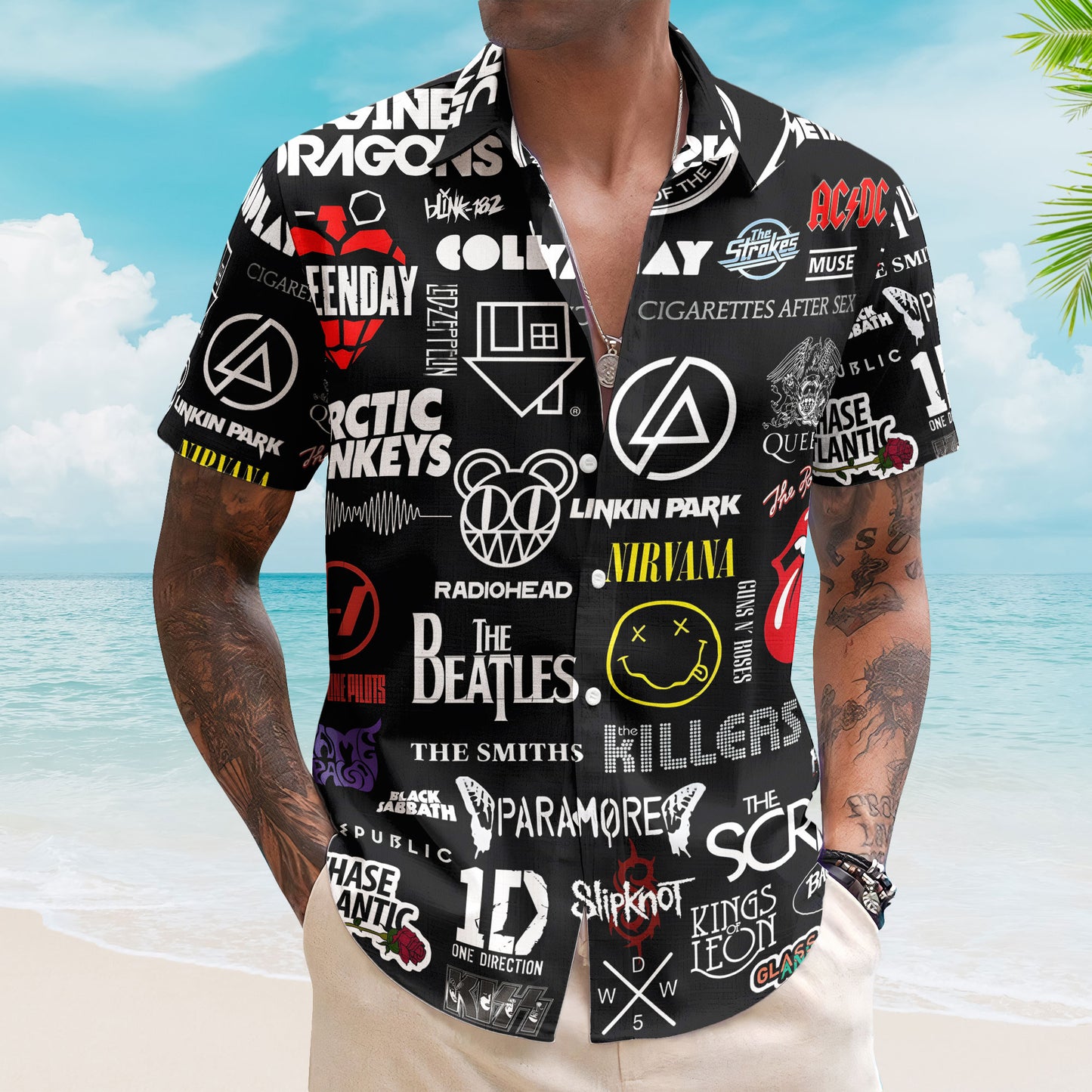 Rock Band Logo Collage Hawaiian Shirt – Unisex The Beatles The Rolling Stones Paramore Summer Button Up Shirt