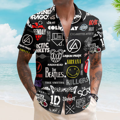 Rock Band Logo Collage Hawaiian Shirt – Unisex The Beatles The Rolling Stones Paramore Summer Button Up Shirt