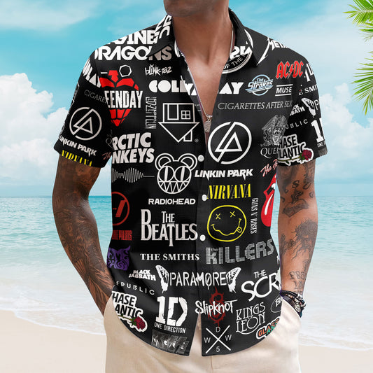 Rock Band Logo Collage Hawaiian Shirt – Unisex The Beatles The Rolling Stones Paramore Summer Button Up Shirt