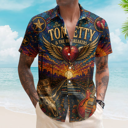 Tom Petty Stained Glass Hawaiian Shirt - Unisex The Heartbreakers Winged Heart Button Up