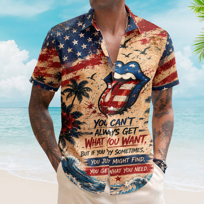 The Rolling Stones Hawaiian Shirt - Unisex Tongue And Lips American Flag Button Up