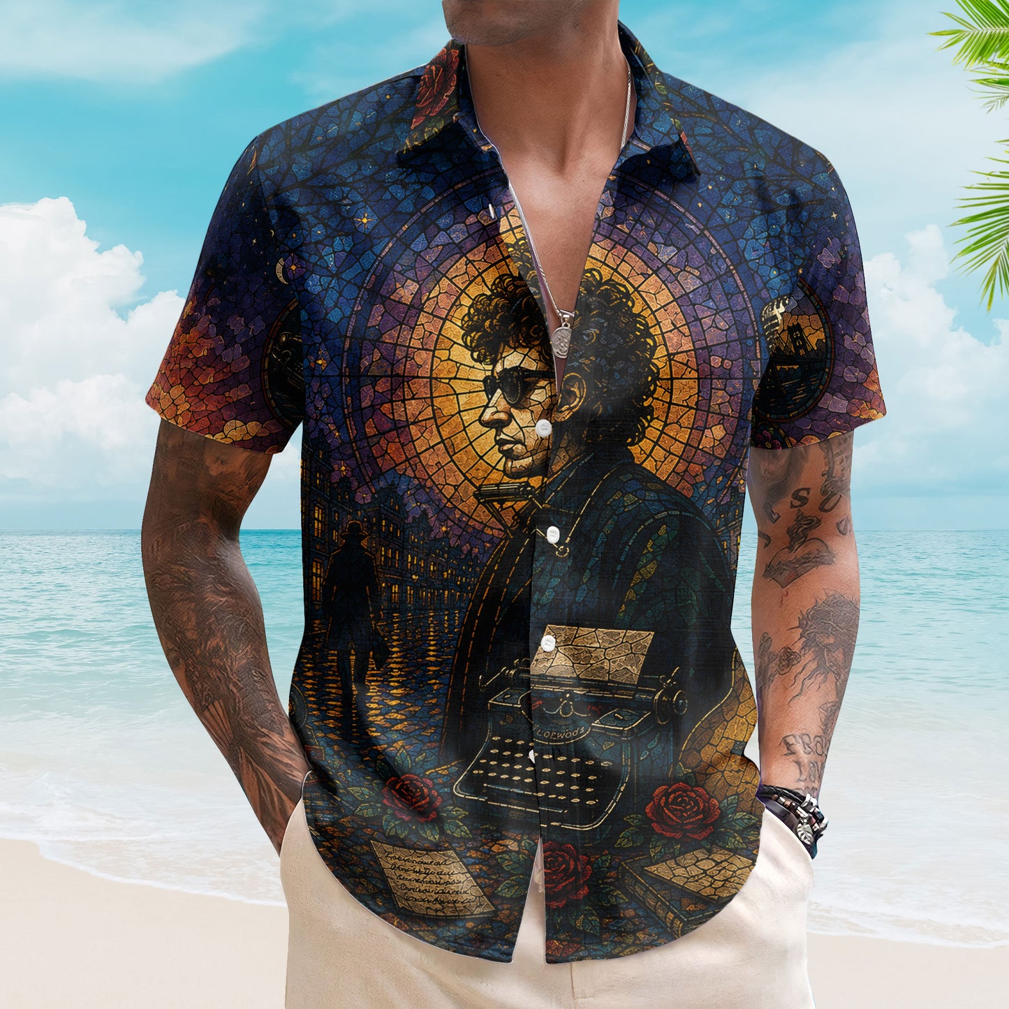 Bob Dylan Stained Glass Hawaiian Shirt - Unisex Folk Rock Mosaic Lonely Pilgrim Shirt