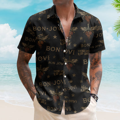 Bon Jovi Hawaiian Shirt - Unisex Glam Metal Heart Dagger Black Button Up