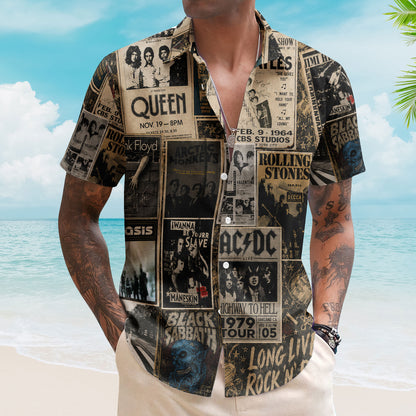 Classic Rock Legends Poster Hawaiian Shirt – Vintage Concert Poster Collage Aloha Shirt
