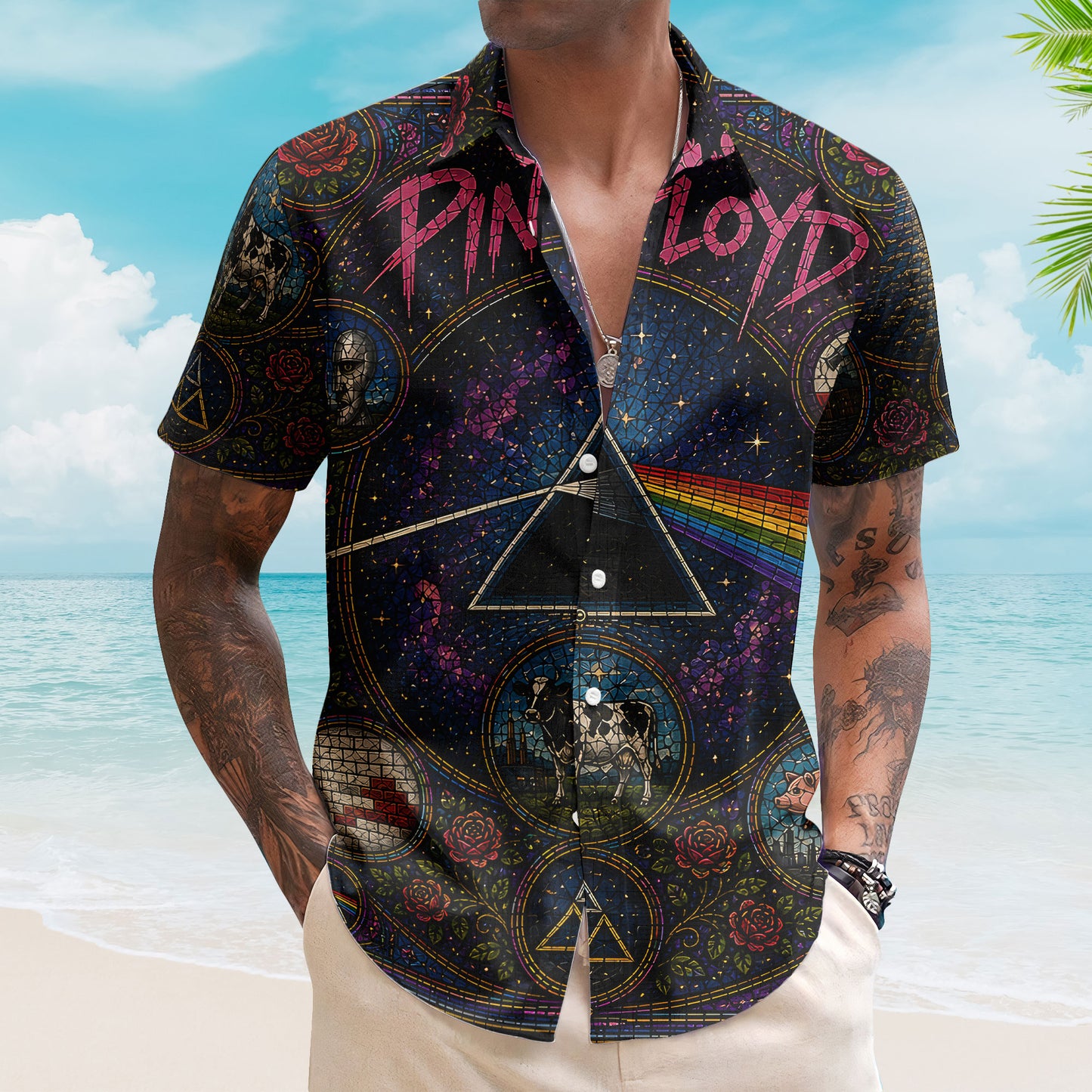 Pink Floyd Hawaiian Shirt – Unisex Retro Dark Side Of The Moon Cathedral Window Button Up