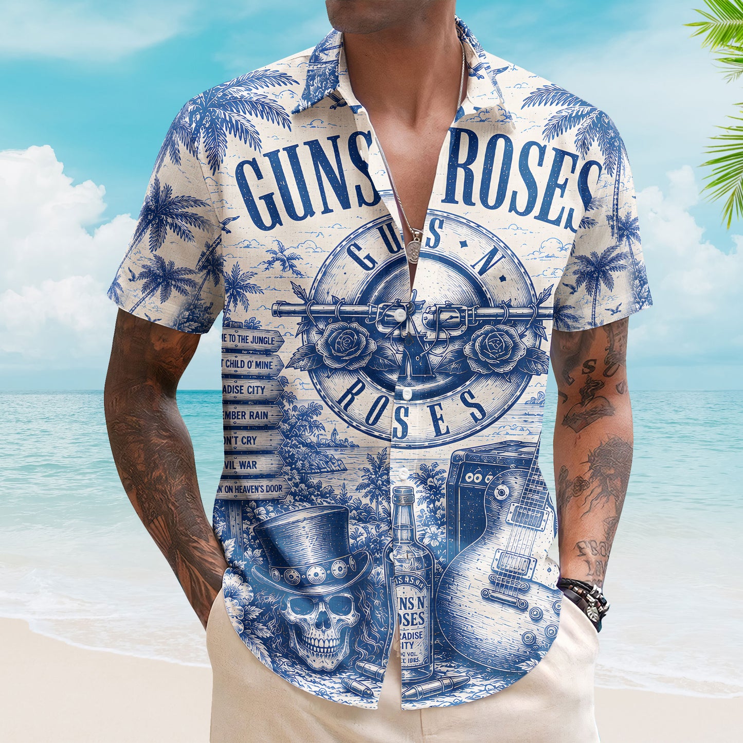 Guns N Roses Hawaiian Shirt – Unisex Retro Classic Bullet Logo Blueprint Button Up