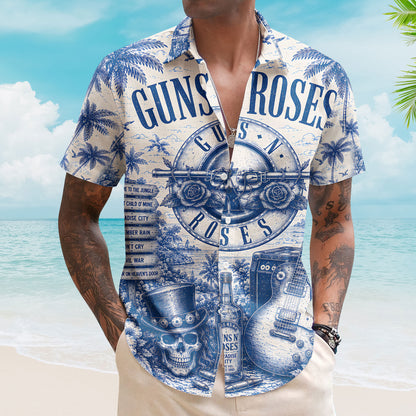 Guns N Roses Hawaiian Shirt – Unisex Retro Classic Bullet Logo Blueprint Button Up