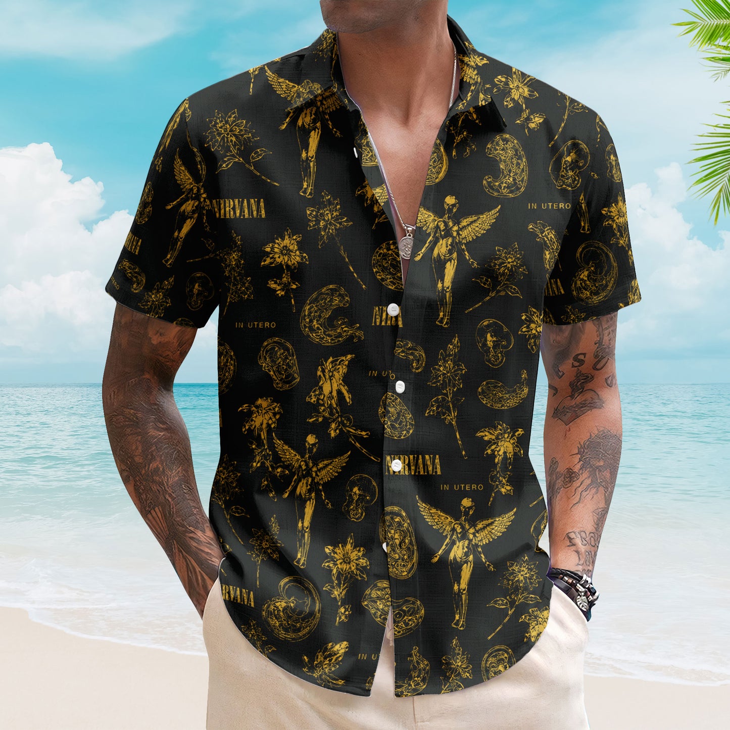Nirvana Hawaiian Shirt – In Utero All Over Print Aloha Shirt Grunge Rock Band Summer Button Up