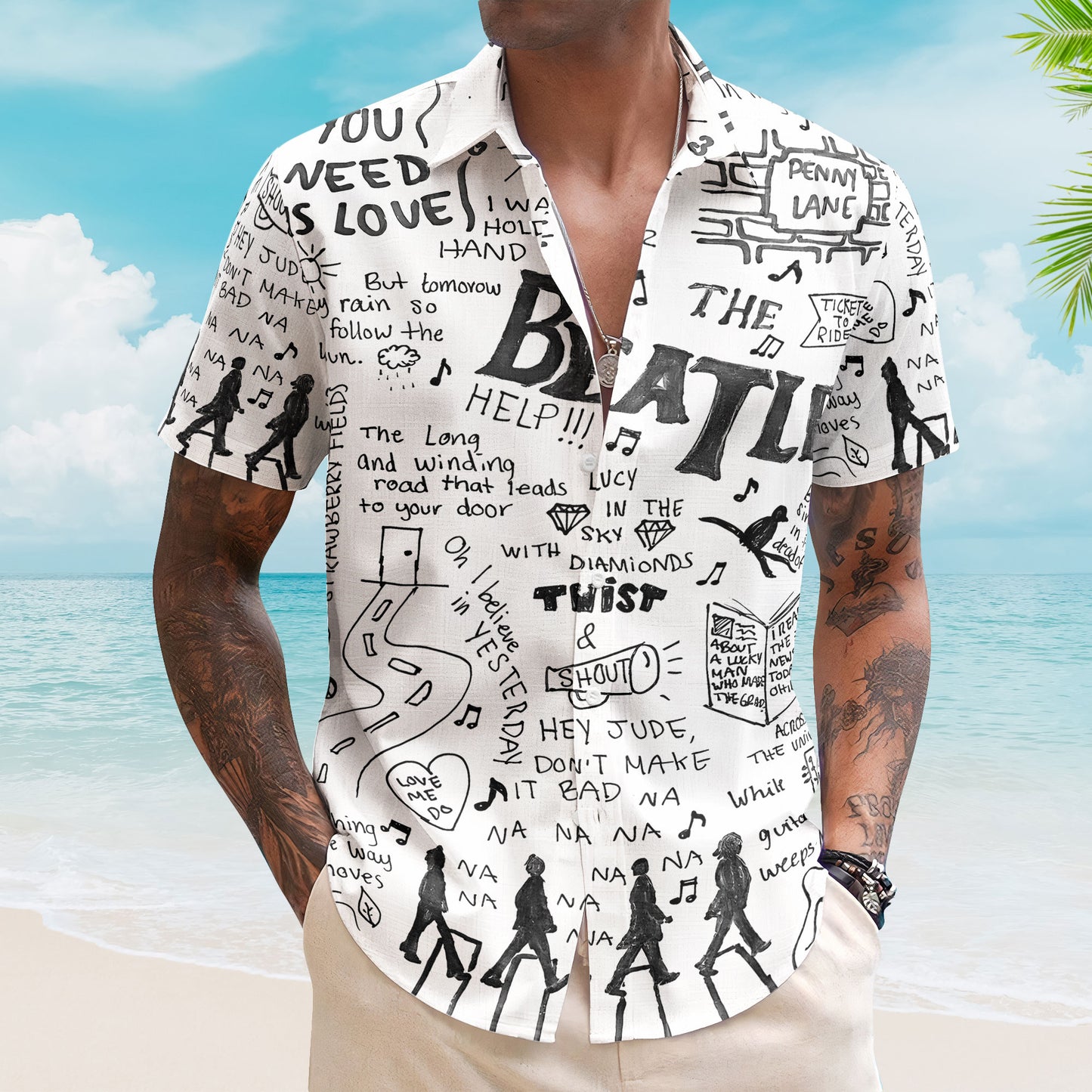 The Beatles Doodle Art Lyrics Collage Hawaiian Shirt – Signature Album Inspired Hawaiian Shirt