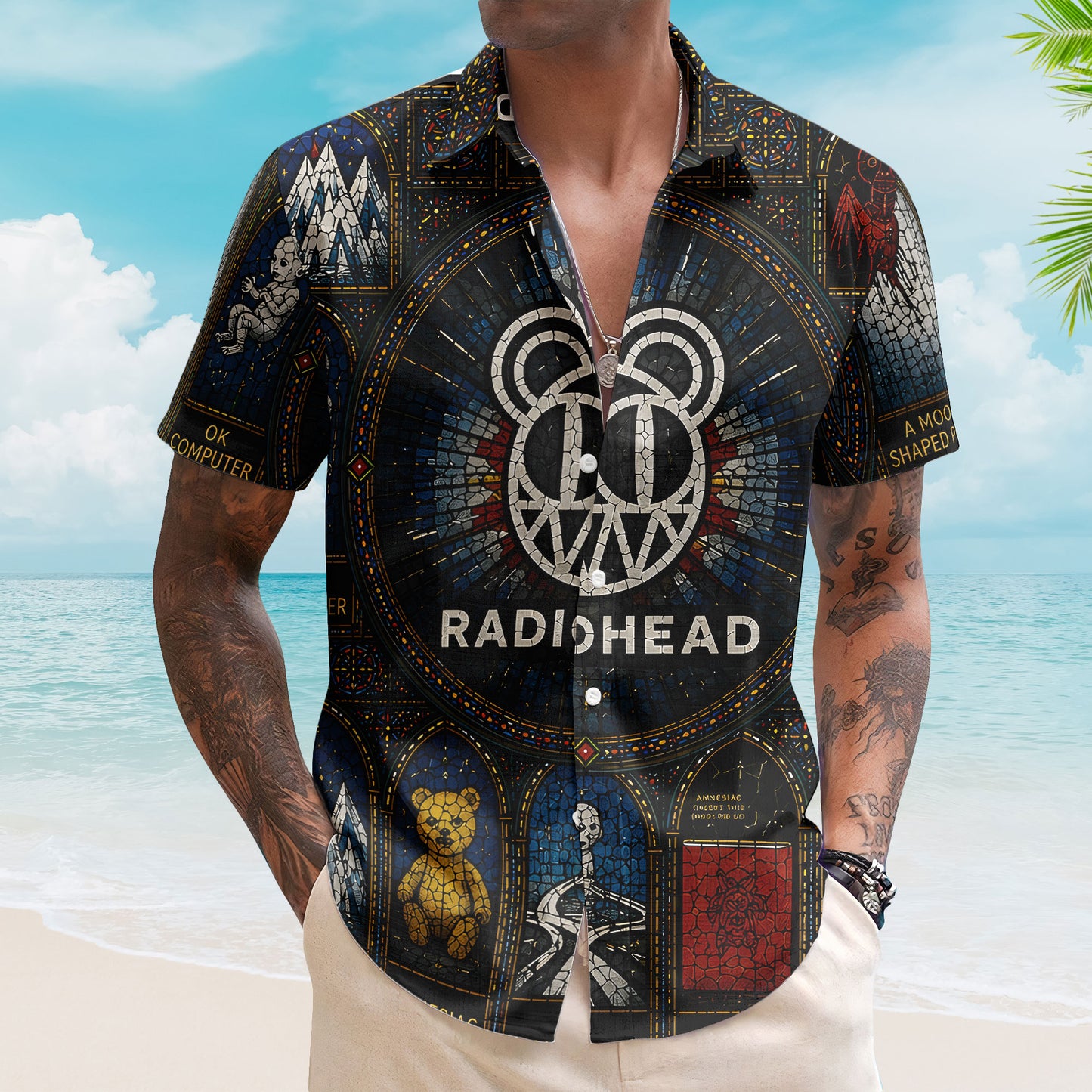 Radiohead Hawaiian Shirt – Unisex Retro Kid A Modified Bear Cathedral Window Button Up