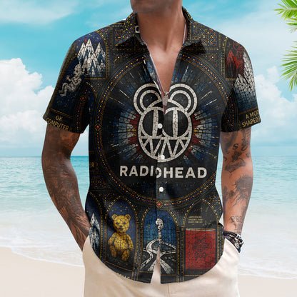 Radiohead Hawaiian Shirt – Unisex Retro Kid A Modified Bear Cathedral Window Button Up