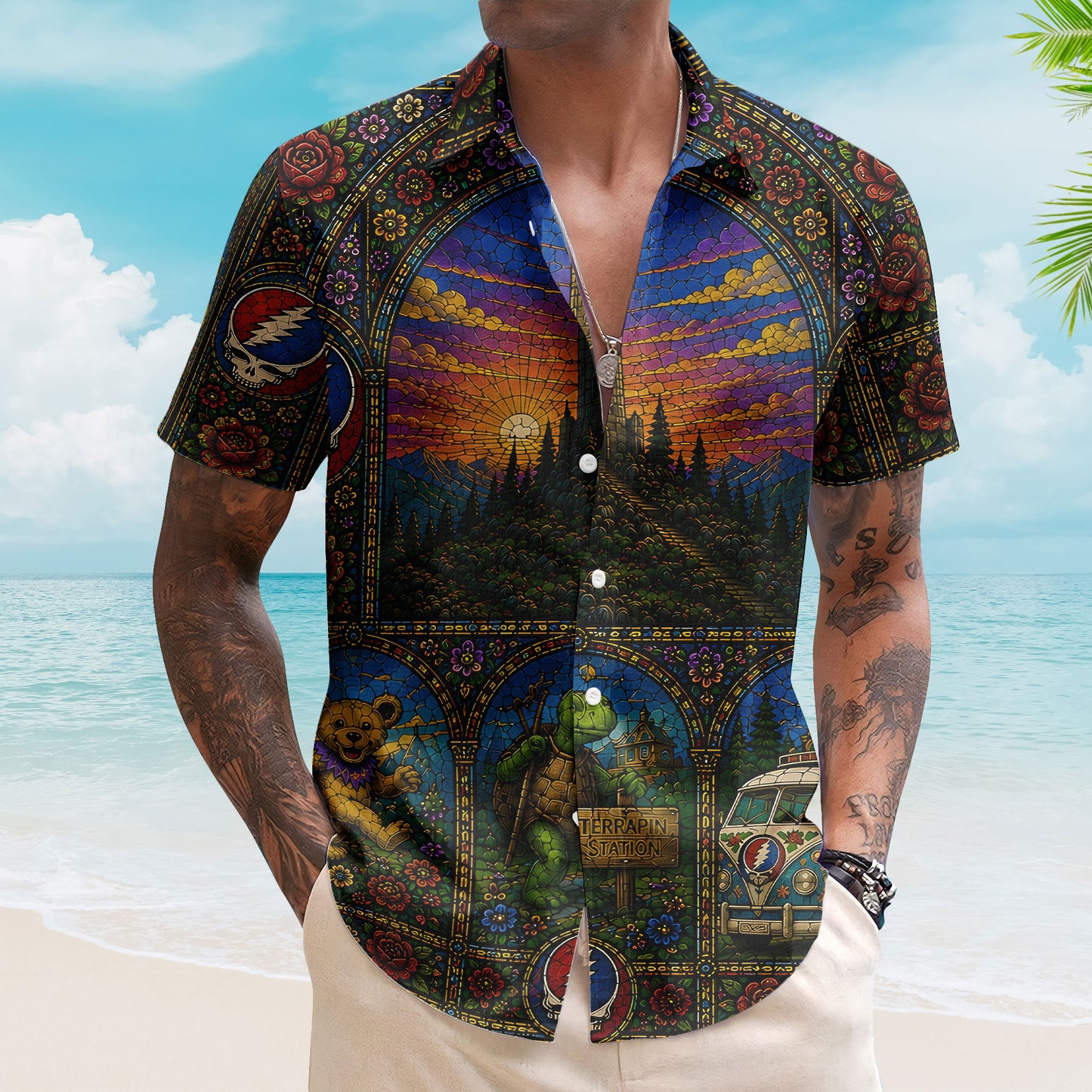 Grateful Dead Hawaiian Shirt – Unisex Retro Terrapin Turtle Cathedral Window Button Up