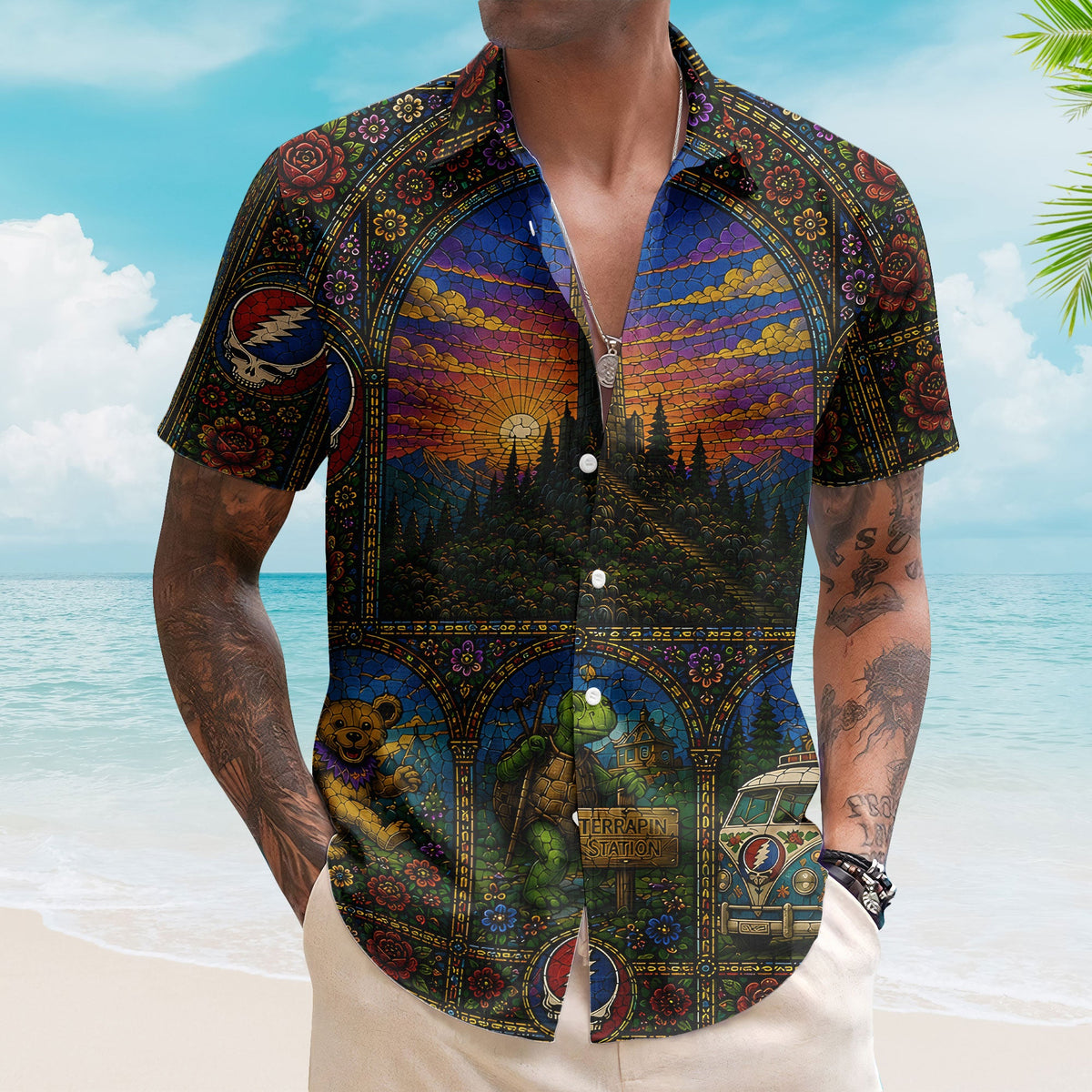 Grateful Dead Hawaiian Shirt - Unisex Franklin's Tower Stainded Glass Button Up