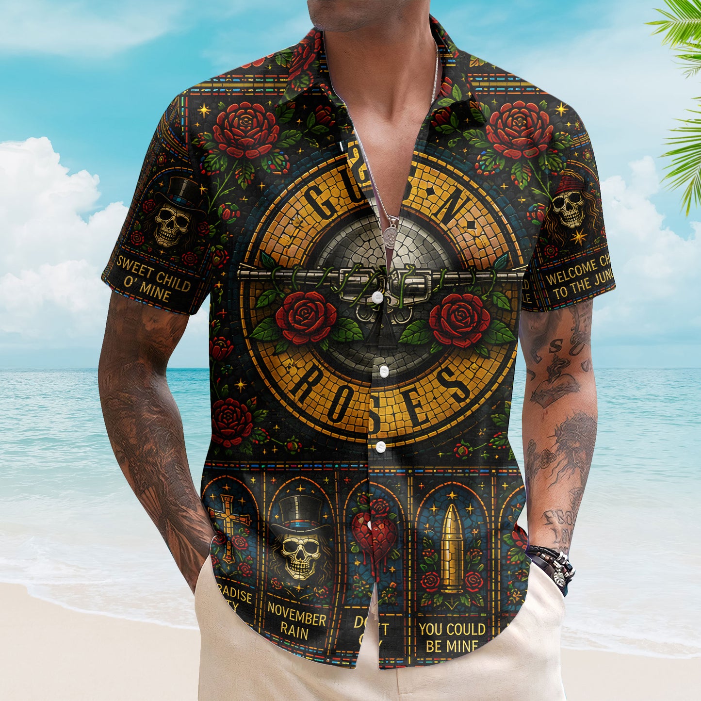 Guns N Roses Stained Glass Hawaiian Shirt - Unisex Hard Rock Bullet Logo Button Up