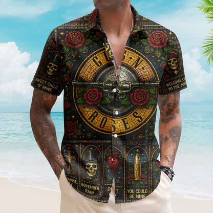 Guns N Roses Stained Glass Hawaiian Shirt - Unisex Hard Rock Bullet Logo Button Up