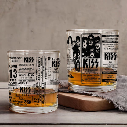 KISS Band Vintage Concert Ticket Printed Whiskey Glass - Multiple Designs Available Father's Day Gift (With Gift Box)