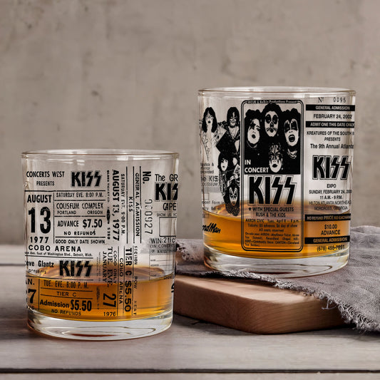 KISS Band Vintage Concert Ticket Printed Whiskey Glass - Multiple Designs Available Father's Day Gift (With Gift Box)