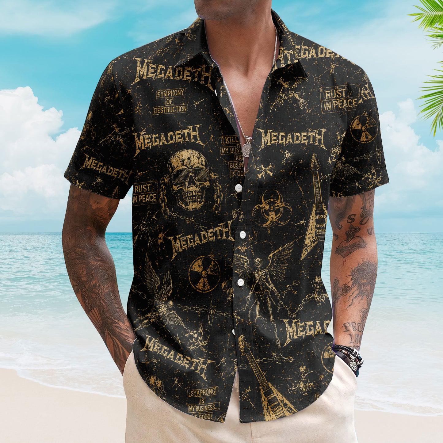 Vintage Megadeth Hawaiian Shirt - Unisex Vic Rattlehead Flying V Summer Button Up