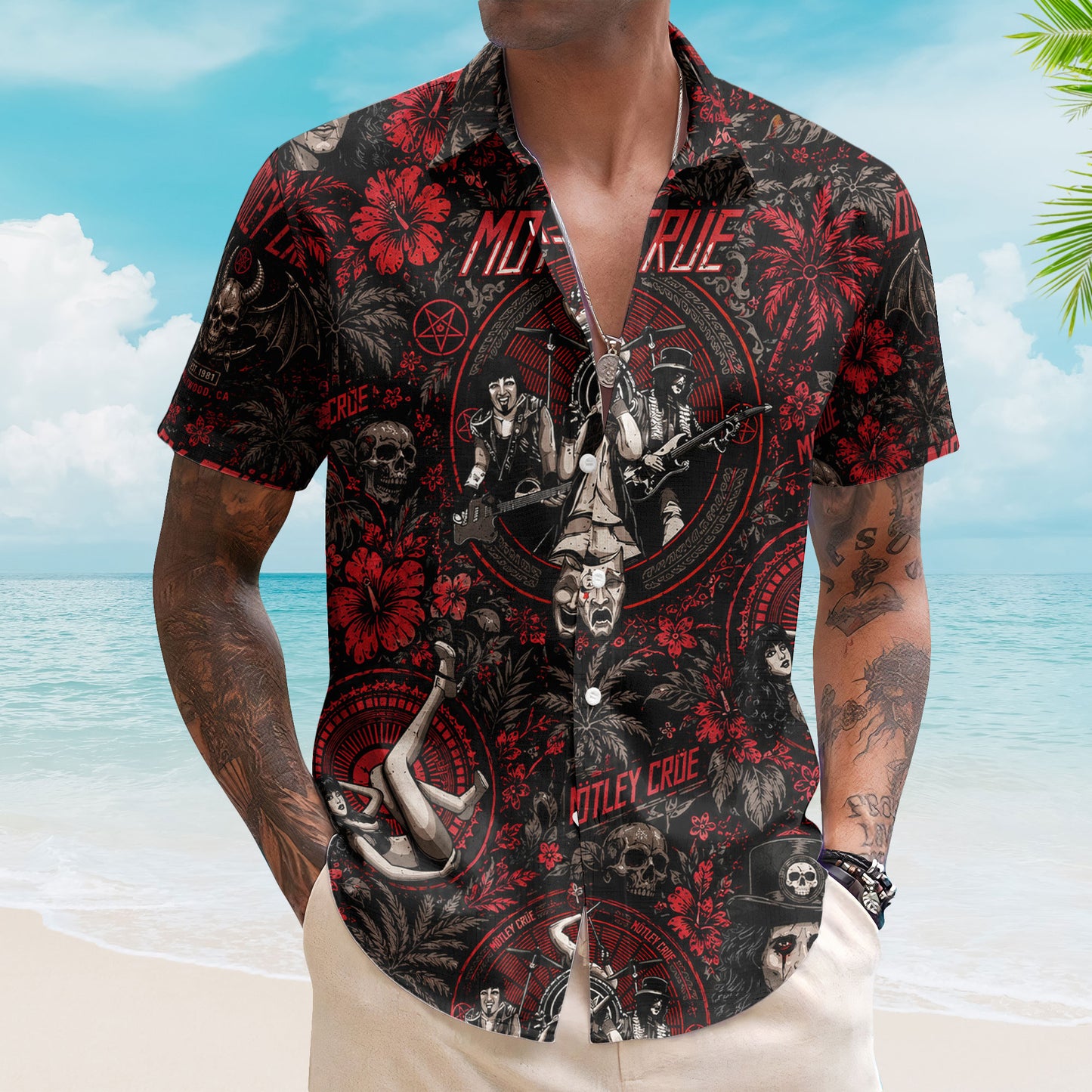 Motley Crue Hawaiian Shirt - Unisex Theater Of Pain Dark Tropical Print Button Up