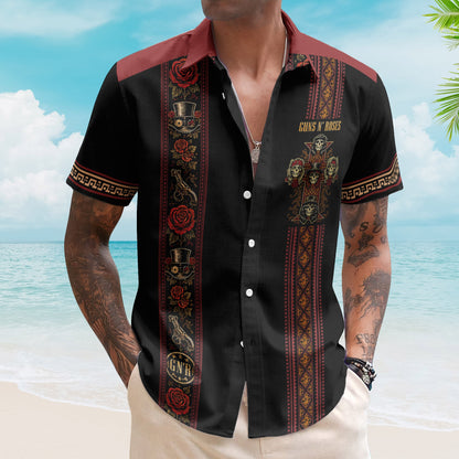 Guns N Roses Hawaiian Shirt - Unisex Black Burgundy Slash Top Hat Skull Summer Button Up