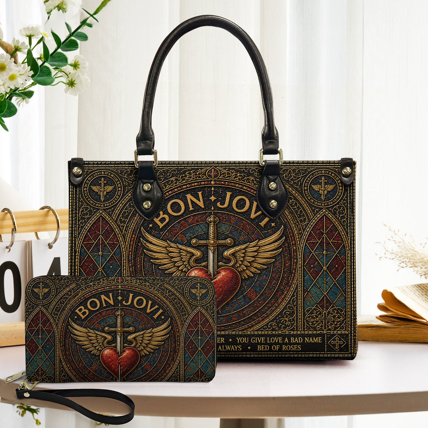 Bon Jovi Handbag, Tote Bag and Wallet Set, Stained Glass Heart and Dagger Design, Classic Rock Music Fan Gift