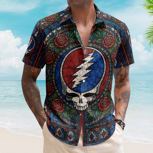 Grateful Dead Steal Your Face Hawaiian Shirt - Unisex Stained Glass Window Stealie Skull Lightning Bolt Button Up
