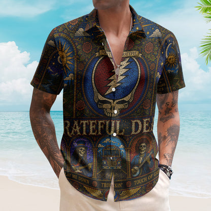 Grateful Dead Hawaiian Shirt - Unisex Retro Steal Your Face Cathedral Window Button Up
