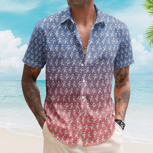 Grateful Dead Dancing Bears Hawaiian Shirt - Blue Purple Gradient Monogram Beach Shirt - Retro Music Album Art Inspired