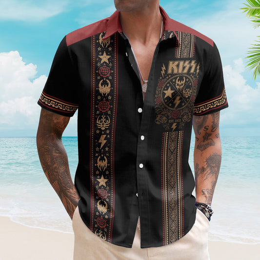 Kiss Hawaiian Shirt - Unisex Black Burgundy Tribal Lightning Bolt Summer Button Up