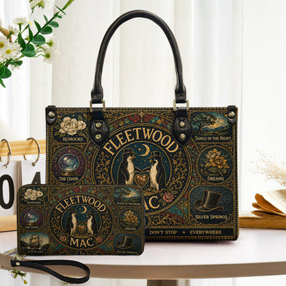 Fleetwood Mac Leather Handbag, Tote Bag and Wallet Set, Vintage Stained Glass Rumours Design, Classic Rock Music Fan Gift