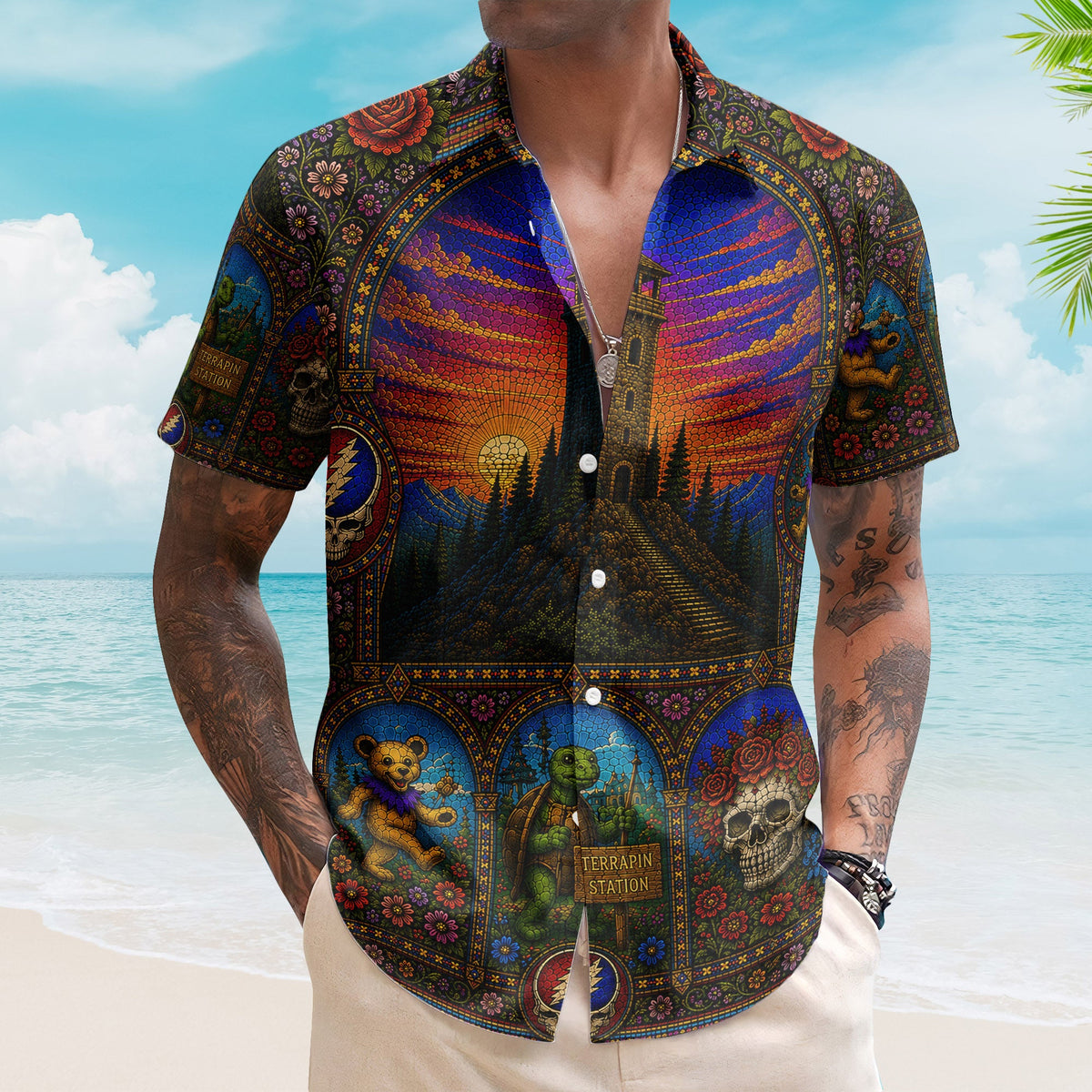 Grateful Dead Psychedelic Rock Concert Hawaiian Shirt - Unisex Gothic Stained Glass Dancing Bears Beach Button Up