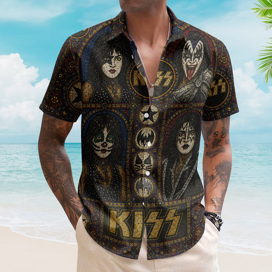 Kiss Band Gene Simmons Paul Stanley Face Paint Hawaiian Shirt - Unisex Hard Rock Concert Summer Button Up