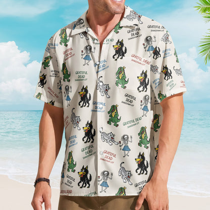 Grateful Dead Hawaiian Shirt - Unisex Cream Dancing Skeleton Summer Button Up