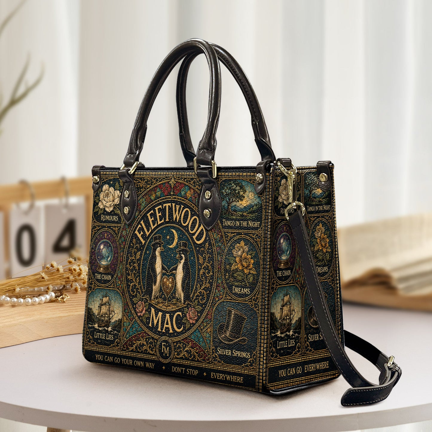 Fleetwood Mac Leather Handbag, Tote Bag and Wallet Set, Vintage Stained Glass Rumours Design, Classic Rock Music Fan Gift