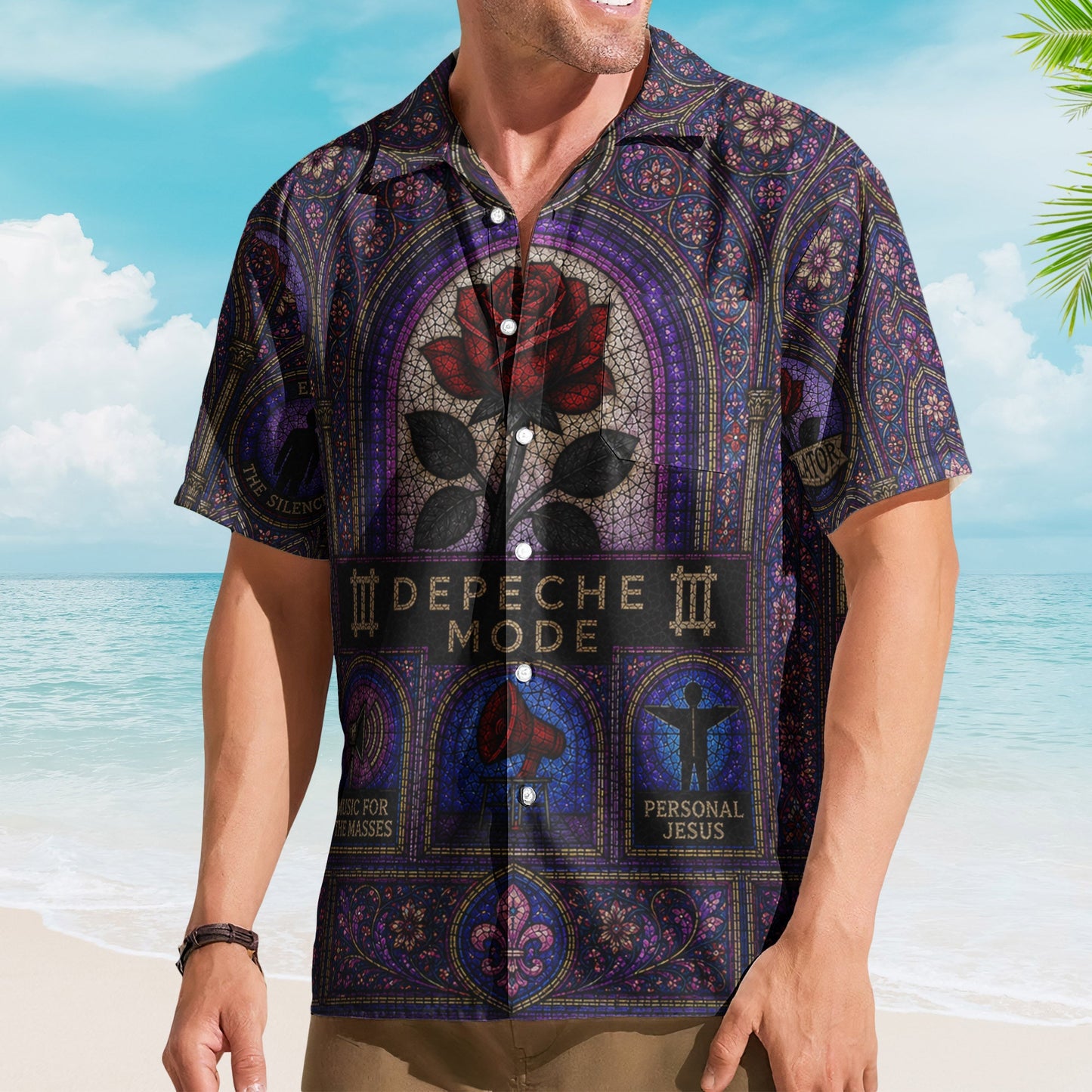 Depeche Mode Hawaiian Shirt - Unisex Retro Violator Rose Cathedral Window Button Up