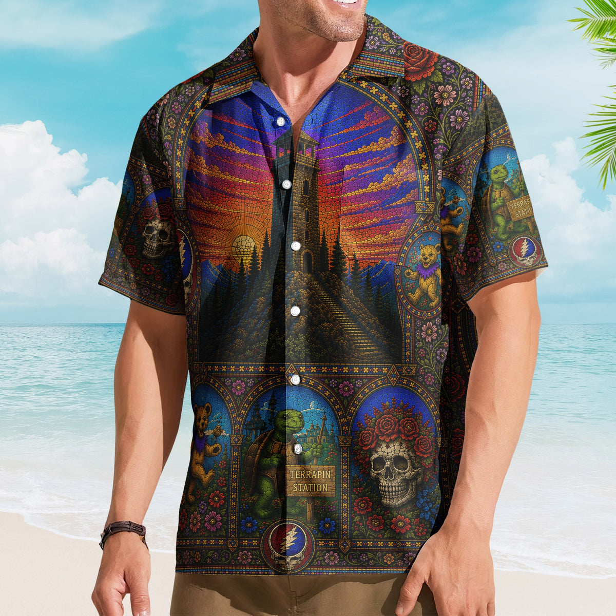 Grateful Dead Psychedelic Rock Concert Hawaiian Shirt - Unisex Gothic Stained Glass Dancing Bears Beach Button Up