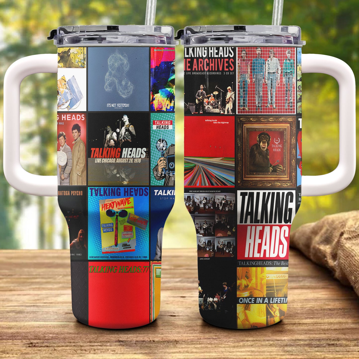 Talking Heads Album Collage Tumbler – Art Rock & New Wave Nostalgia