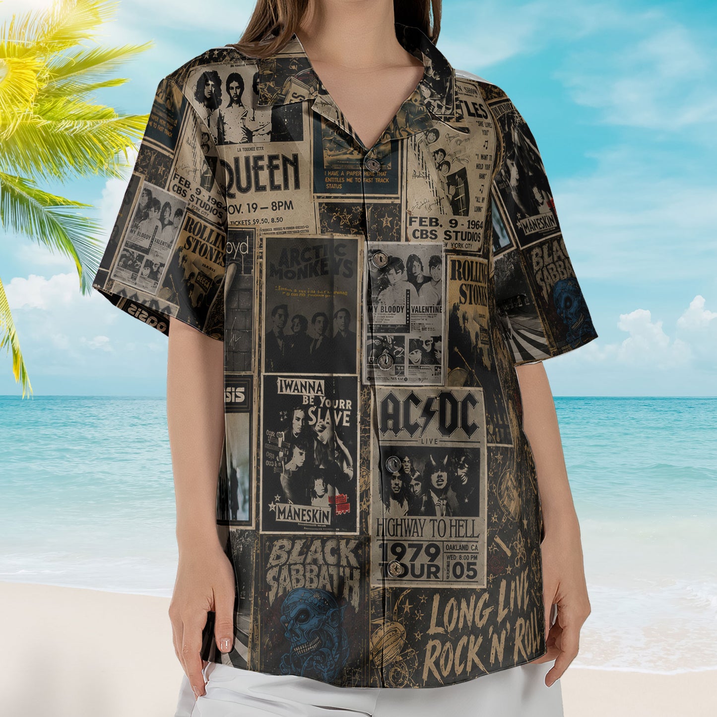 Classic Rock Legends Poster Hawaiian Shirt – Vintage Concert Poster Collage Aloha Shirt