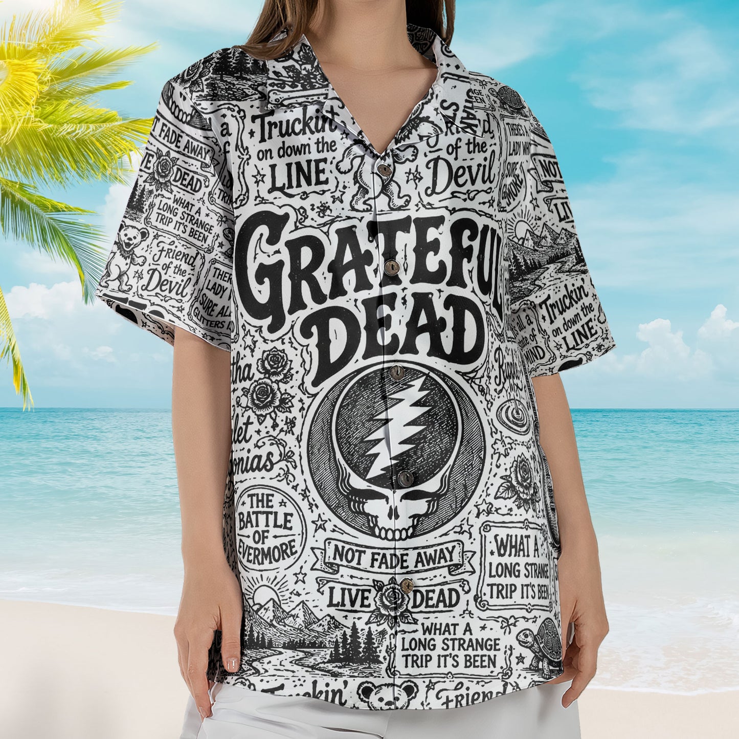 Grateful Dead Hawaiian Shirt - Unisex Steal Your Face Black White Sketch Button Up