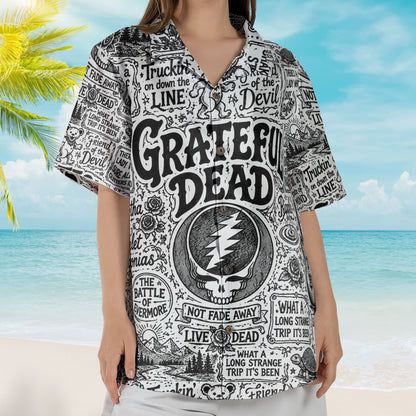 Grateful Dead Hawaiian Shirt - Unisex Steal Your Face Black White Sketch Button Up