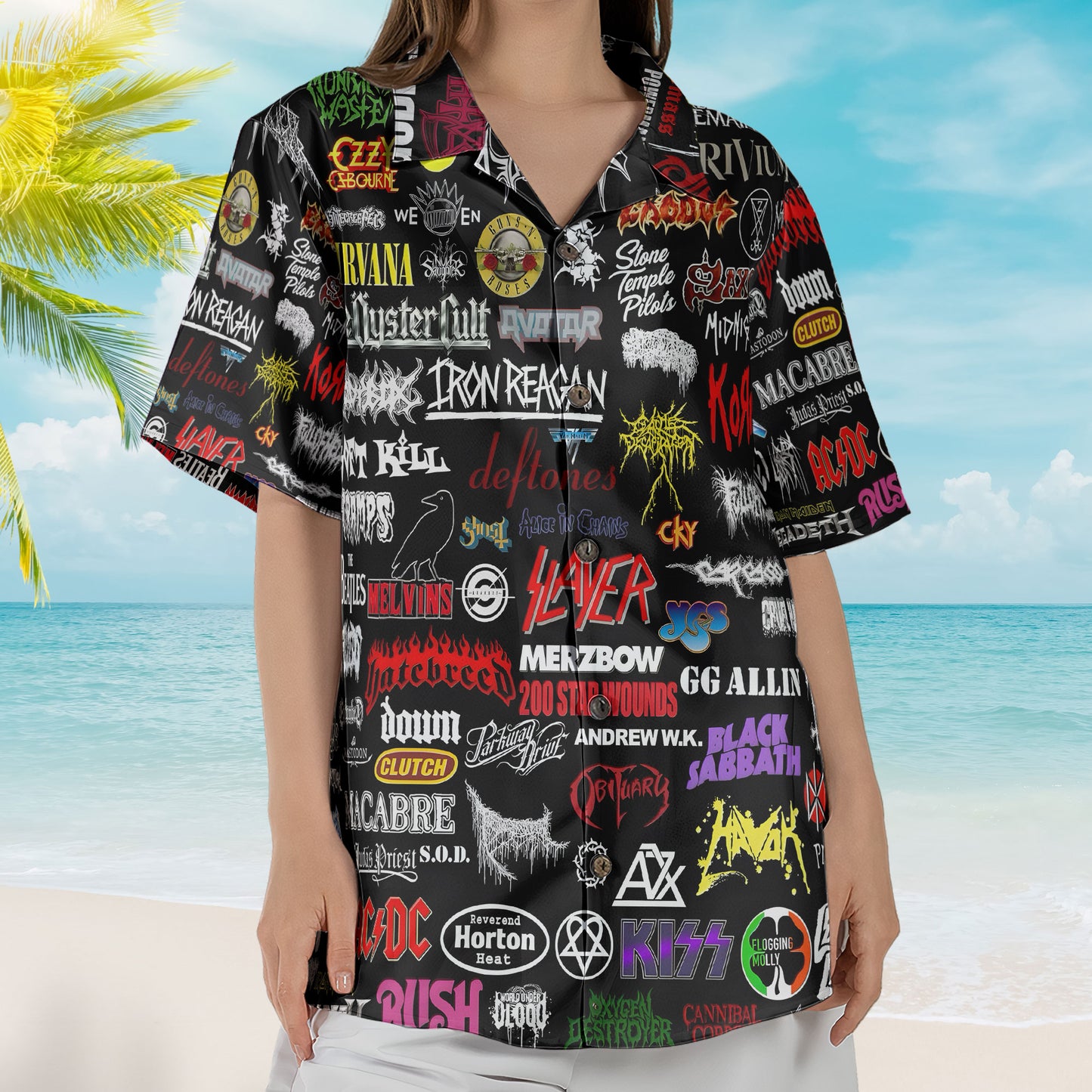 Rock Band Logo Collage Hawaiian Shirt – Unisex Heavy Metal Button Up - Black Sabbath Korn Concert Merch