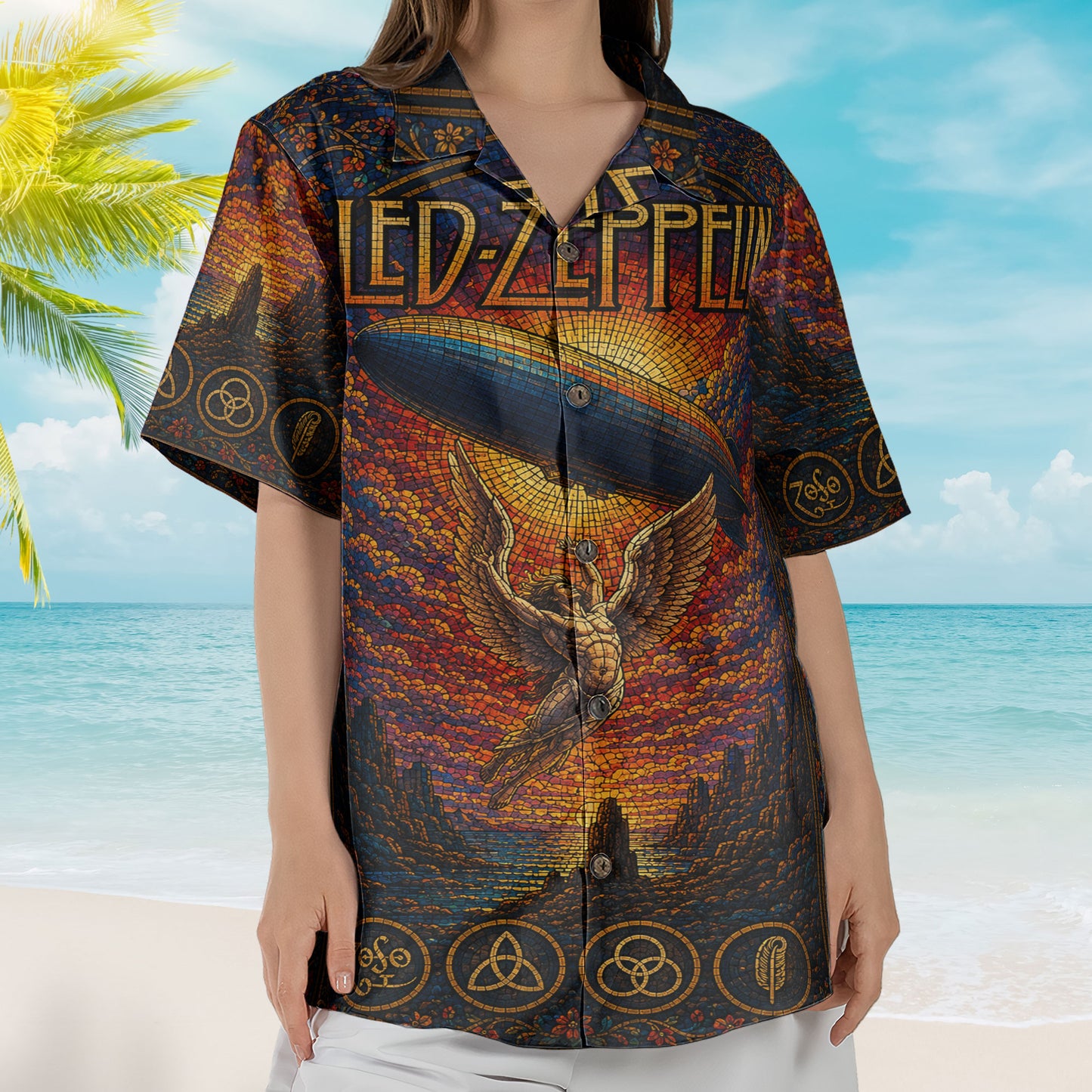 Led Zeppelin Stained Glass Hawaiian Shirt - Unisex Swan Song Angel Button Up