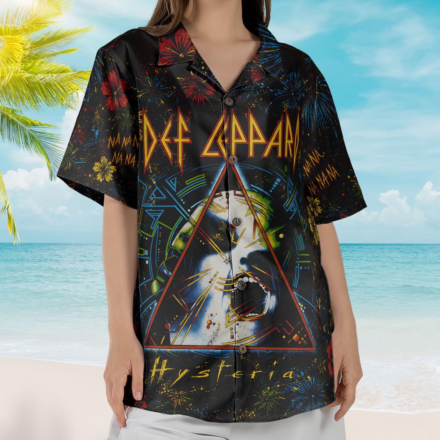 Def Leppard Hysteria Hawaiian Shirt - Unisex Glam Rock Cyber Triangle Black Button Up