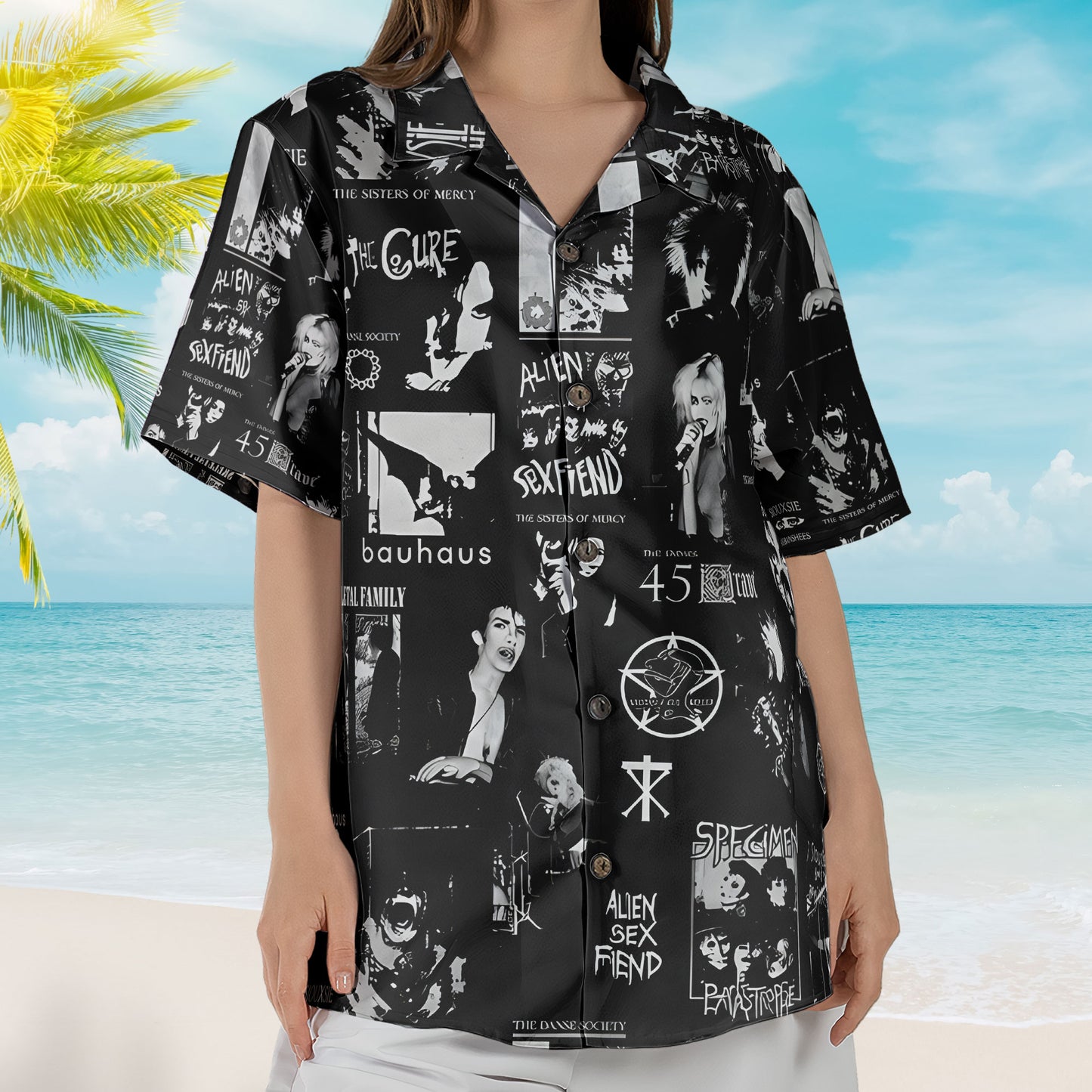 1980s Rock Hawaiian Shirt - Unisex The Cure Bauhaus Siouxsie All-Over Print Button Up