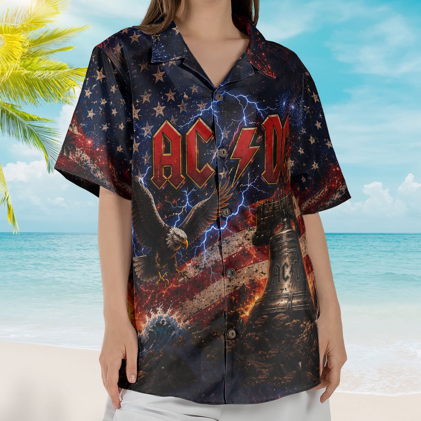 AC/DC Hawaiian Shirt - Unisex Hells Bells American Eagle Lightening Button Up